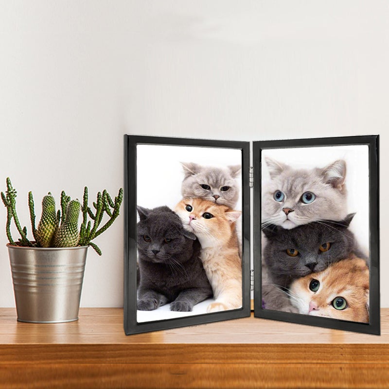 DECANIT 3.5x5 Picture Frame Double Hinged Black Metal Thin Edge Frame with High Definition Glass Front Folding Frames Stand Vertically on Tabletop Black - Image 2